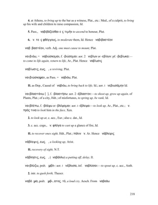 4. at Athens, to bring up to the bar as a witness, Plat., etc.: Med., of a culprit, to bring
up his wife and children to raise compassion, Id.

    5. Pass., ἀναβιβάζεσθαι εἰς τιµήν to ascend to honour, Plut.

    6. ἀν. τοὺς φθόγγους, to moderate them, Id. Hence ἀναβιβαστέον

ἀναβῐβαστέον, verb. Adj. one must cause to mount, Plat.

ἀνα-βιόω, = ἀναβιώσκοµαι, f. -βιώσοµαι: aor. 2 ἀνεβίων or -εβίουν: pf. -βεβίωκα:—
to come to life again, return to life, Ar., Plat. Hence ἀναβίωσις

ἀναβίωσις, εως, ἡ, a reviving, Plut.

ἀνα-βιώσκοµαι, as Pass. = ἀναβιόω, Plat.

    II. as Dep., Causal of ἀναβιόω, to bring back to life, Id.; aor. I ἀνεβιωσάµην Id.

ἀνα-βλαστάνω [ᾰ], f. -βλαστήσω: aor. 2 -έβλαστον:—to shoot up, grow up again, of
Plants, Plat.; of a city, Hdt.; of misfortunes, to spring up, be rank, Id.

ἀνα-βλέπω, f. -βλέψω or -βλέψοµαι: aor. I -έβλεψα:—to look up, Ar., Plat., etc.; ἀν.
πρός τινα to look him in the face, Xen.

    2. to look up at, c. acc., Eur.; also c. dat., Id.

    3. c. acc. cogn., ἀν. φλόγα to cast up a glance of fire, Id.

    II. to recover ones sight, Hdt., Plat.; πάλιν ἀν. Ar. Hence ἀνάβλεψις

ἀνάβλεψις, εως, ἡ, a looking up, Arist.

    II. recovery of sight, N.T.

ἀνάβλησις, εως, ἡ, (ἀναβάλλω) a putting off, delay, Il.

ἀνα-βλύζω, poët. ἀµβλ-: aor. I ἀνέβλυσα, inf. ἀναβλύσαι:—to spout up, c. acc., Anth.

    2. intr. to gush forth, Theocr.

ἀναβόᾱµα, poët. ἀµβ-, ατος, τό, a loud cry, Aesch. From ἀναβοάω



                                                                                            218
 
