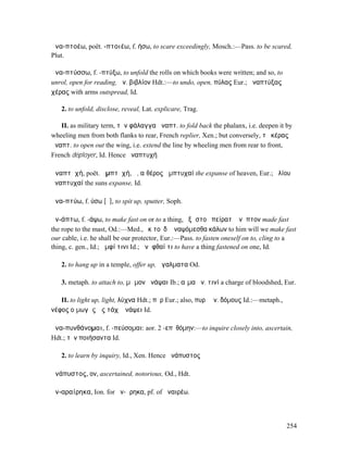 ἀνα-πτοέω, poët. -πτοιέω, f. ήσω, to scare exceedingly, Mosch.:—Pass. to be scared,
Plut.

ἀνα-πτύσσω, f. -πτύξω, to unfold the rolls on which books were written; and so, to
unrol, open for reading, ἀν. βιβλίον Hdt.:—to undo, open, πύλας Eur.; ἀναπτύξας
χέρας with arms outspread, Id.

   2. to unfold, disclose, reveal, Lat. explicare, Trag.

   II. as military term, τὴν φάλαγγα ἀναπτ. to fold back the phalanx, i.e. deepen it by
wheeling men from both flanks to rear, French replier, Xen.; but conversely, τὸ κέρας
ἀναπτ. to open out the wing, i.e. extend the line by wheeling men from rear to front,
French déployer, Id. Hence ἀναπτυχή

ἀναπτῠχή, poët. ἀµπτῠχή, ἡ, αἰθέρος ἀµπτυχαί the expanse of heaven, Eur.; ἡλίου
ἀναπτυχαί the suns expanse, Id.

ἀνα-πτύω, f. ύσω [ῠ], to spit up, sputter, Soph.

ἀν-άπτω, f. -άψω, to make fast on or to a thing, ἐξ ἱστοῦ πείρατʼ ἀνῆπτον made fast
the rope to the mast, Od.:—Med., ἐκ τοῦδʼ ἀναψόµεσθα κάλων to him will we make fast
our cable, i.e. he shall be our protector, Eur.:—Pass. to fasten oneself on to, cling to a
thing, c. gen., Id.; ἀµφί τινι Id.; ἀνῆφθαί τι to have a thing fastened on one, Id.

   2. to hang up in a temple, offer up, ἄγαλµατα Od.

   3. metaph. to attach to, µῶµον ἀνάψαι Ib.; αἷµα ἀν. τινί a charge of bloodshed, Eur.

   II. to light up, light, λύχνα Hdt.; πῦρ Eur.; also, πυρὶ ἀν. δόµους Id.:—metaph.,
νέφος οἰµωγῆς ὡς τάχʼ ἀνάψει Id.

ἀνα-πυνθάνοµαι, f. -πεύσοµαι: aor. 2 -επῠθόµην:—to inquire closely into, ascertain,
Hdt.; τὸν ποιήσαντα Id.

   2. to learn by inquiry, Id., Xen. Hence ἀνάπυστος

ἀνάπυστος, ον, ascertained, notorious, Od., Hdt.

ἀν-αραίρηκα, Ion. for ἀν-ῄρηκα, pf. of ἀναιρέω.



                                                                                       254
 