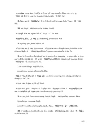 ἀπορ-ρήγνῡµι or -ύω, f. -ρήξω, to break off, snap asunder, Hom., etc.; πνεῦµʼ
ἀπορρῆξαι βίου to snap the thread of life, Aesch.; ἀπ. βίον Eur.

   II. Pass., aor. 2 ἀπερράγην [ᾰ], to be broken off, severed, Hdt., Thuc.; ἀπό τινος
Hdt.

   III. intr. in pf. ἀπέρρωγα, to be broken, Archil.

ἀπορ-ρηθῆναι, aor. I pass. inf. of ἀπ-ερῶ, cf. ἀπεῖπον.

ἀπόρρησις, εως, ἡ, (ἀπερῶ) a forbidding, prohibition, Plat.

   II. a giving up a point, refusal, Id.

ἀπόρρητος, ον, (ἀπερῶ) forbidden, ἀπόρρητον πόλει though it was forbidden to the
citizens, Soph.; τὰ ἀπόρρητα prohibited exports, contraband articles, Ar.

    II. not to be spoken, that should not be spoken, Lat. tacendus, ἀπ. ποιεῖσθαι to keep
secret, Hdt.; κύριος καὶ ῥητῶν καὶ ἀπορρήτων, of Philip, like dicenda tacenda, Dem.:
ἀπόρρητον, τό, a state-secret, Ar.

   2. of sacred things, ineffable, Eur.

   3. unfit to be spoken, abominable, Plat.

ἀπορ-ρῑγέω, f. ήσω: pf. 2 ἀπέρρῑγα:—to shrink shivering from a thing, shrink from
doing it, c. inf., Od.

ἀπορ-ρῑνάω, f. ήσω, to file off, Strab.

ἀπορ-ρίπτω, poët. ἀπο-ρίπτω, f. -ρίψω: aor. I -έρριψα:—Pass., f. ἀπορριφθήσοµαι:
aor. I -ερρίφθην: pf. -έρριµµαι:—to throw away, put away, Il.

   II. to cast forth from ones country, Aesch., Soph.; ἀπερριµµένοι outcasts, Dem.

   2. to disown, renounce, Soph.

   3. to throw aside, set at naught, Aesch.: Pass., ἀπέρριπται ἐς τὸ µηδέν Hdt.

     III. of words, to shoot forth bold, keen words, ἔς τινα at one, Id.:—also, ἀπ. ἔπος to
let fall a word, Id.


                                                                                        443
 