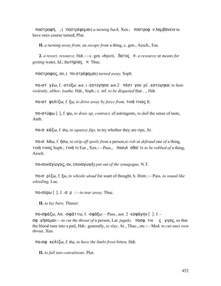 ἀποστροφή, ἡ, (ἀποστρέφοµαι) a turning back, Xen.; ἀποστροφὴν λαµβάνειν to
have ones course turned, Plut.

   II. a turning away from, an escape from a thing, c. gen., Aesch., Eur.

    2. a resort, resource, Hdt.:—c. gen. objecti, ὕδατος ἀπ. a resource or means for
getting water, Id.; σωτηρίας ἀπ. Thuc.

ἀπόστροφος, ον, (ἀπο-στρέφοµαι) turned away, Soph.

ἀπο-στῠγέω, f. -στύξω: aor. I -εστύγησα: aor.2 ἀπέστῠγον: pf. -εστύγηκα: to hate
violently, abhor, loathe, Hdt., Soph.; c. inf. to be disgusted that . ., Hdt.

ἀπο-στῠφελίζω, f. ξω, to drive away by force from, τινά τινος Il.

ἀπο-στύφω [ῡ], f. ψω, to draw up, contract, of astringents, to dull the sense of taste,
Anth.

ἀπο-σῡκάζω, f. σω, to squeeze figs, to try whether they are ripe, Ar.

ἀπο-σῡλάω, f. ήσω, to strip off spoils from a person,to rob or defraud one of a thing,
τινά τινος Soph.; τινά τι Eur., Xen.:—Pass., ἀποσυλᾶσθαί τι to be robbed of a thing,
Aesch.

ἀπο-συνάγωγος, ον, (συναγωγή) put out of the synagogue, N.T.

ἀπο-σῡρίζω, f. ξω, to whistle aloud for want of thought, h. Hom.:—Pass. to sound like
whistling, Luc.

ἀπο-σύρω [ῡ], f. -σῠρῶ:—to tear away, Thuc.

   II. to lay bare, Theocr.

ἀπο-σφάζω, Att. -σφάττω, f. -σφάξω:—Pass., aor. 2 -εσφάγην [ᾰ]: f. -
σφᾰγήσοµαι:—to cut the throat of a person, Lat. jugulo, ἀποσφ. τινὰ ἐς ἄγγος, so that
the blood runs into a pail, Hdt.: generally, to slay, Ar., Thuc., etc.:—Med. to cut ones own
throat, Xen.

ἀπο-σφᾰκελίζω, f. σω, to have the limbs frost-bitten, Hdt.

   II. to fall into convulsions, Plut.



                                                                                          452
 