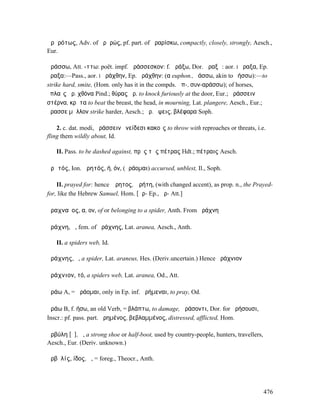 ἀρᾱρότως, Adv. of ἀρᾱρώς, pf. part. of ἀραρίσκω, compactly, closely, strongly, Aesch.,
Eur.

ἀράσσω, Att. -ττω: poët. impf. ἀράσσεσκον: f. ἀράξω, Dor. ἀραξῶ: aor. I ἤραξα, Ep.
ἄραξα:—Pass., aor. I ἠράχθην, Ep. ἀράχθην: (α euphon., ῥάσσω, akin to ῥήσσω):—to
strike hard, smite, (Hom. only has it in the compds. ἀπ-, συν-αράσσω); of horses,
ὁπλαῖς ἀρ. χθόνα Pind.; θύρας ἀρ. to knock furiously at the door, Eur.; ἀράσσειν
στέρνα, κρᾶτα to beat the breast, the head, in mourning, Lat. plangere, Aesch., Eur.;
ἄρασσε µᾶλλον strike harder, Aesch.; ἀρ. ὄψεις, βλέφαρα Soph.

    2. c. dat. modi, ἀράσσειν ὀνείδεσι κακοῖς to throw with reproaches or threats, i.e.
fling them wildly about, Id.

   II. Pass. to be dashed against, πρὸς τὰς πέτρας Hdt.; πέτραις Aesch.

ἀρᾱτός, Ion. ἀρητός, ή, όν, (ἀράοµαι) accursed, unblest, Il., Soph.

    II. prayed for: hence Ἄρητος, Ἀρήτη, (with changed accent), as prop. n., the Prayed-
for, like the Hebrew Samuel, Hom. [ᾱρ- Ep., ᾰρ- Att.]

ἀραχναῖος, α, ον, of or belonging to a spider, Anth. From ἀράχνη

ἀράχνη, ἡ, fem. of ἀράχνης, Lat. aranea, Aesch., Anth.

   II. a spiders web, Id.

ἀράχνης, ὁ, a spider, Lat. araneus, Hes. (Deriv.uncertain.) Hence ἀράχνιον

ἀράχνιον, τό, a spiders web, Lat. aranea, Od., Att.

ἀράω A, = ἀράοµαι, only in Ep. inf. ἀρήµεναι, to pray, Od.

ἀράω B, f. ήσω, an old Verb, = βλάπτω, to damage, ἀράσοντι, Dor. for ἀρήσουσι,
Inscr.: pf. pass. part. ἀρηµένος, βεβλαµµένος, distressed, afflicted, Hom.

ἀρβύλη [ῠ], ἡ, a strong shoe or half-boot, used by country-people, hunters, travellers,
Aesch., Eur. (Deriv. unknown.)

ἀρβῠλίς, ίδος, ἡ, = foreg., Theocr., Anth.




                                                                                          476
 