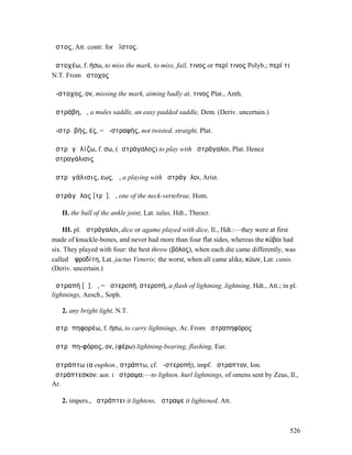 ᾆστος, Att. contr. for ἄϊστος.

ἀστοχέω, f. ήσω, to miss the mark, to miss, fail, τινος or περί τινος Polyb.; περί τι
N.T. From ἄστοχος

ἄ-στοχος, ον, missing the mark, aiming badly at, τινος Plat., Anth.

ἀστράβη, ἡ, a mules saddle, an easy padded saddle, Dem. (Deriv. uncertain.)

ἀ-στρᾰβής, ές, = ἀ-στραφής, not twisted, straight, Plat.

ἀστρᾰγᾰλίζω, f. σω, (ἀστράγαλος) to play with ἀστράγαλοι, Plat. Hence
ἀστραγάλισις

ἀστρᾰγάλισις, εως, ἡ, a playing with ἀστράγᾰλοι, Arist.

ἀστράγᾰλος [τρᾰ], ὁ, one of the neck-vertebrae, Hom.

   II. the ball of the ankle joint, Lat. talus, Hdt., Theocr.

    III. pl. ἀστράγαλοι, dice or agame played with dice, Il., Hdt.:—they were at first
made of knuckle-bones, and never had more than four flat sides, whereas the κύβοι had
six. They played with four: the best throw (βόλος), when each die came differently, was
called Ἀφροδίτη, Lat. jactus Veneris; the worst, when all came alike, κύων, Lat. canis.
(Deriv. uncertain.)

ἀστραπή [ᾰ], ἡ, = ἀστεροπή, στεροπή, a flash of lightning, lightning, Hdt., Att.; in pl.
lightnings, Aesch., Soph.

   2. any bright light, N.T.

ἀστρᾰπηφορέω, f. ήσω, to carry lightnings, Ar. From ἀστραπηφόρος

ἀστρᾰπη-φόρος, ον, (φέρω) lightning-bearing, flashing, Eur.

ἀστράπτω (α euphon., στράπτω, cf. ἀ-στεροπή), impf. ἤστραπτον, Ion.
ἀστράπτεσκον: aor. I ἤστραψα:—to lighten, hurl lightnings, of omens sent by Zeus, Il.,
Ar.

   2. impers., ἀστράπτει it lightens, ἤστραψε it lightened, Att.



                                                                                        526
 