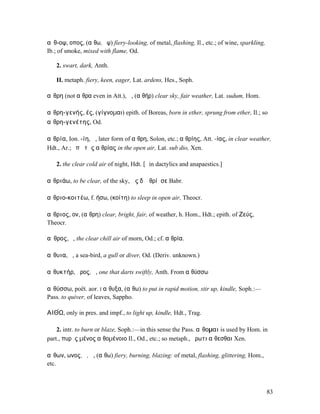 αἶθ-οψ, οπος, (αἴθω, ὄψ) fiery-looking, of metal, flashing, Il., etc.; of wine, sparkling,
Ib.; of smoke, mixed with flame, Od.

   2. swart, dark, Anth.

   II. metaph. fiery, keen, eager, Lat. ardens, Hes., Soph.

αἴθρη (not αἴθρα even in Att.), ἡ, (αἰθήρ) clear sky, fair weather, Lat. sudum, Hom.

αἰθρη-γενής, ές, (γίγνοµαι) epith. of Boreas, born in ether, sprung from ether, Il.; so
αἰθρη-γενέτης, Od.

αἰθρία, Ion. -ίη, ἡ, later form of αἴθρη, Solon, etc.; αἰθρίης, Att. -ίας, in clear weather,
Hdt., Ar.; ὑπὸ τῆς αἰθρίας in the open air, Lat. sub dio, Xen.

   2. the clear cold air of night, Hdt. [ῑ in dactylics and anapaestics.]

αἰθριάω, to be clear, of the sky, ὡς δʼ ᾐθρίᾱσε Babr.

αἰθριο-κοιτέω, f. ήσω, (κοίτη) to sleep in open air, Theocr.

αἴθριος, ον, (αἴθρη) clear, bright, fair, of weather, h. Hom., Hdt.; epith. of Ζεύς,
Theocr.

αἶθρος, ὁ, the clear chill air of morn, Od.; cf. αἰθρία.

αἴθυια, ἡ, a sea-bird, a gull or diver, Od. (Deriv. unknown.)

αἰθυκτήρ, ῆρος, ὁ, one that darts swiftly, Anth. From αἰθύσσω

αἰθύσσω, poët. aor. I αἴθυξα, (αἴθω) to put in rapid motion, stir up, kindle, Soph.:—
Pass. to quiver, of leaves, Sappho.

ΑΙΘ̓́Ω, only in pres. and impf., to light up, kindle, Hdt., Trag.

    2. intr. to burn or blaze, Soph.:—in this sense the Pass. αἴθοµαι is used by Hom. in
part., πυρὸς µένος αἰθοµένοιο Il., Od., etc.; so metaph., ἔρωτι αἴθεσθαι Xen.

αἴθων, ωνος, ὁ, ἡ, (αἴθω) fiery, burning, blazing: of metal, flashing, glittering, Hom.,
etc.



                                                                                             83
 
