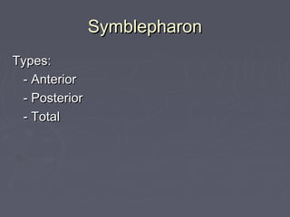Symblepharon
Types:
 - Anterior
 - Posterior
 - Total
 