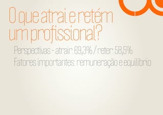 O que atrai e retém
um proﬁssional?

Perspectivas - atrair: 69,3% / reter: 58,5%
Fatores importantes: remuneração e equilíbrio

 
