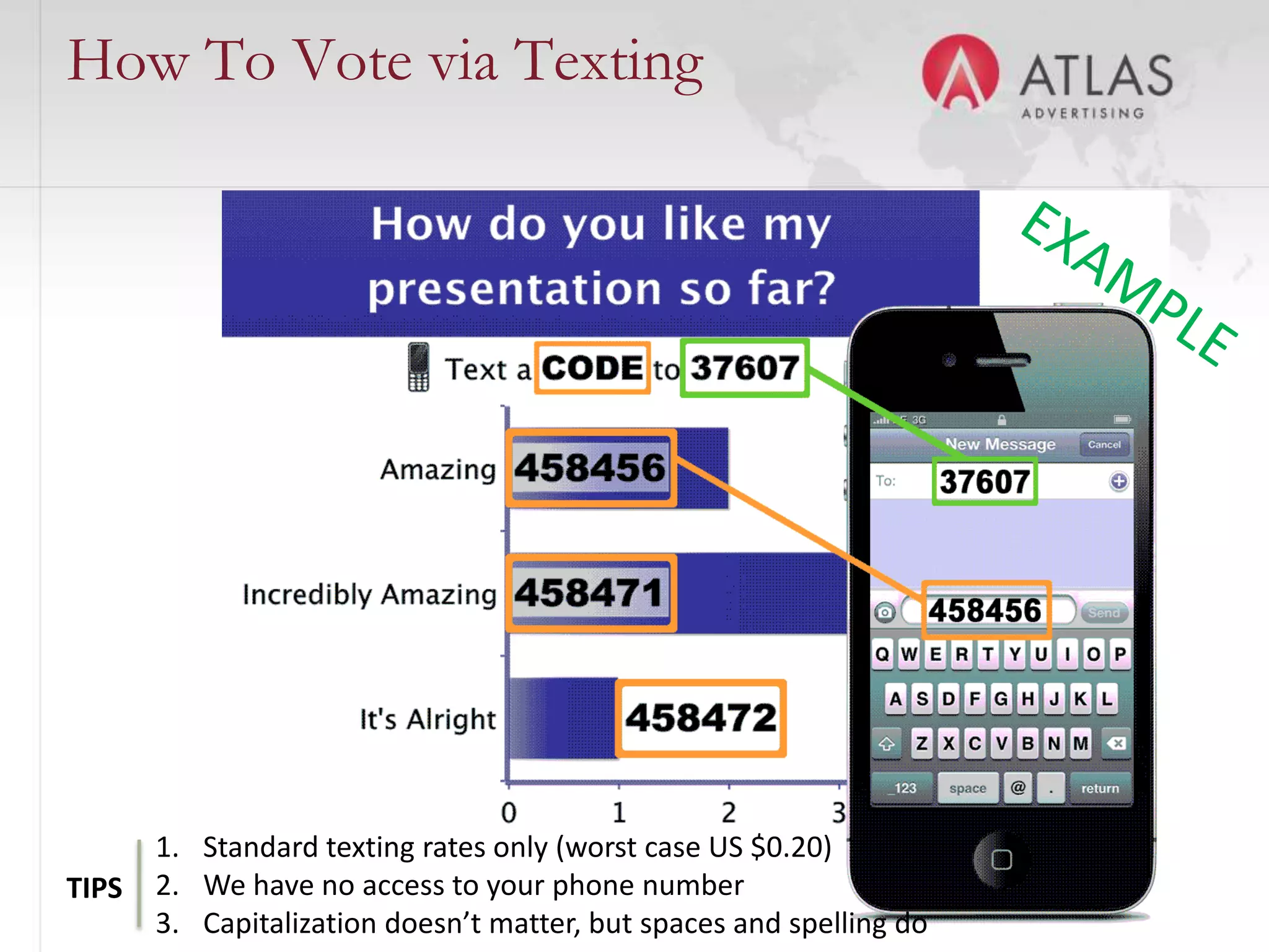 How To Vote via Texting




       1. Standard texting rates only (worst case US $0.20)
                                           25

TIPS   2. We have no access to your phone number
       3. Capitalization doesn’t matter, but spaces and spelling do
 