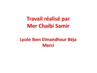 Travail réalisé par
Mer Chaibi Samir
Lycée Iben Elmandhour Béja
Merci
 