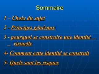 Sommaire 1 –  Choix du sujet 2 -  Principes généraux 3 -  pourquoi se construire une identité  virtuelle 4-  Comment cette identité se construit   5-  Quels sont les risques 