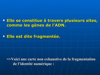 Elle se constitue à travers plusieurs sites, comme les gènes de l’ADN.  Elle est dite fragmentée.  =>Voici une carte non exhaustive de la fragmentation  de l’identité numérique :   