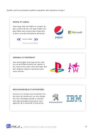 11
L’identité visuelle et son impact sur votre activité.
Quelles sont les principales qualités auxquelles doit répondre un logo ?
SIMPLE ET LISIBLE
Votre logo doit être lisible et compris de
près comme de loin. Un logo simple sera
plus lisible mais surtout plus impactant,
et donc sera plus facilement mémorisé.
ORIGINAL ET PERTINENT
Une des finalités d’un logo est de créer
un axe de différenciation par rapport à
ses concurrents, pour cela votre logo doit
être original, unique et pertinent pour
votre activité.
RECONNAISSABLE ET INTEMPOREL
L’erreur à ne surtout pas commettre est
de suivre les tendances car cela change
très vite. Privilégiez plutôt la création
d’un logo intemporel qui puisse vous
apporter de la notoriété à long terme.
Less is more
Mies van der Rohe
 