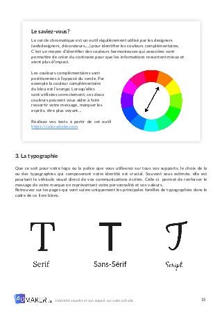 15
L’identité visuelle et son impact sur votre activité.
Le saviez-vous?
Le cercle chromatique est un outil régulièrement utilisé par les designers
(webdesigners, décorateurs,…) pour identifier les couleurs complémentaires.
C’est un moyen d’identifier des couleurs harmonieuses qui associées vont
permettre de créer du contraste pour que les informations ressortent mieux et
aient plus d’impact.
Les couleurs complémentaires sont
positionnées à l’opposé du cercle. Par
exemple la couleur complémentaire
du bleu est l’orange. Lorsqu’elles
sont utilisées correctement, ces deux
couleurs peuvent vous aider à faire
ressortir votre message, marquer les
esprits, être plus voyant…
Réalisez vos tests à partir de cet outil
https://color.adobe.com
3. La typographie
Que ce soit pour votre logo ou la police que vous utiliserez sur tous vos supports, le choix de la
ou des typographies qui composeront votre identité est crucial. Souvent sous estimée, elle est
pourtant le véhicule visuel direct de vos communications écrites. Celle-ci permet de renforcer le
message de votre marque en représentant votre personnalité et vos valeurs.
Retrouvez sur les pages qui vont suivre uniquement les principales familles de typographies dans le
cadre de ce livre blanc.
 