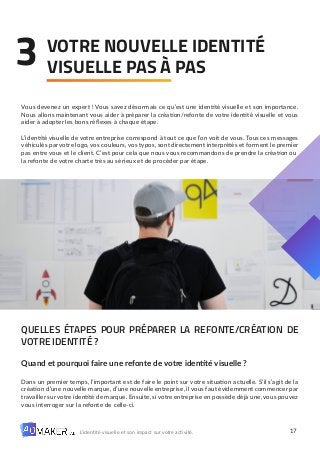17
L’identité visuelle et son impact sur votre activité.
Vous devenez un expert ! Vous savez désormais ce qu’est une identité visuelle et son importance.
Nous allons maintenant vous aider à préparer la création/refonte de votre identité visuelle et vous
aider à adopter les bons réflexes à chaque étape.
L’identité visuelle de votre entreprise correspond à tout ce que l’on voit de vous. Tous ces messages
véhiculés par votre logo, vos couleurs, vos typos, sont directement interprétés et forment le premier
pas entre vous et le client. C’est pour cela que nous vous recommandons de prendre la création ou
la refonte de votre charte très au sérieux et de procéder par étape.
QUELLES ÉTAPES POUR PRÉPARER LA REFONTE/CRÉATION DE
VOTRE IDENTITÉ ?
Quand et pourquoi faire une refonte de votre identité visuelle ?
Dans un premier temps, l’important est de faire le point sur votre situation actuelle. S’il s’agit de la
création d’une nouvelle marque, d’une nouvelle entreprise, il vous faut évidemment commencer par
travailler sur votre identité de marque. Ensuite, si votre entreprise en possède déjà une, vous pouvez
vous interroger sur la refonte de celle-ci.
VOTRE NOUVELLE IDENTITÉ
VISUELLE PAS À PAS
3
 