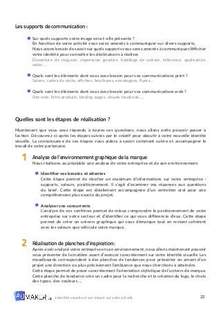 22
L’identité visuelle et son impact sur votre activité.
Les supports de communication :
Sur quels supports votre image sera-t-elle présente ?
En fonction de votre activité vous serez amenés à communiquer sur divers supports.
Nous avons besoin de savoir sur quels supports vous serez amenés à communiquer/Afficher
votre identité pour connaître les déclinaisons à réaliser.
Devanture de magasin, impression goodies, habillage de voiture, télévision, application,
vidéo …
Quels sont les éléments dont vous avez besoin pour vos communications print ?
Salons, cartes de visite, affiches, brochures, enveloppes, flyers...
Quels sont les éléments dont vous avez besoin pour vos communications web ?
Site web, fiche produits, landing pages, visuels facebook, …
Quelles sont les étapes de réalisation ?
Maintenant que vous avez répondu à toutes ces questions, nous allons enfin pouvoir passer à
l’action. Découvrez ci-après les étapes suivies par le créatif pour aboutir à votre nouvelle identité
visuelle. La connaissance de ces étapes vous aidera à savoir comment suivre et accompagner le
travail de votre partenaire.
Analyse de l’environnement graphique de la marque
Nous réalisons au préalable une analyse de votre entreprise et de son environnement.
Identifier vos besoins et attentes
Cette étape permet de récolter un maximum d’informations sur votre entreprise :
supports, valeurs, positionnement. Il s’agit d’examiner vos réponses aux questions
du brief. Cette étape est idéalement accompagnée d’un entretien oral pour une
compréhension plus exacte du projet.
Analyser vos concurrents
L’analyse de vos confrères permet de mieux comprendre le positionnement de votre
entreprise sur votre secteur et d’identifier ce qui vous différencie d’eux. Cette étape
permet de créer un univers graphique qui vous démarque tout en restant cohérent
avec les valeurs que véhicule votre marque.
Réalisation de planches d’inspiration :
Après avoir analysé votre entreprise et son environnement, nous allons maintenant pouvoir
vous présenter de la matière avant d’avancer concrètement sur votre identité visuelle. Les
moodboards correspondent à des planches de tendances pour présenter en amont d’un
projet une direction ou plus précisément l’ambiance que nous cherchons à atteindre.
Cette étape permet de poser concrètement l’orientation stylistique de l’univers de marque.
Cette planche de tendance crée un cadre pour la recherche et la création du logo, le choix
des typos, des couleurs …
1
2
 