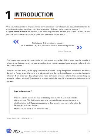 3
L’identité visuelle et son impact sur votre activité.
INTRODUCTION
1
Vous souhaitez améliorer l’impact de vos communications ? Développer une nouvelle identité visuelle
en adéquation avec les valeurs de votre entreprise ? Rajeunir votre image de marque ?
La première impression est décisive, c’est dans les premières minutes que l’on se fait une idée de
vous, de votre marque, de votre activité, des valeurs que vous prônez …
Tout dépend de la première impression,
faites attention il n’y aura jamais une seconde première impression.
Que vous soyez une petite organisation ou une grande entreprise, définir votre identité visuelle et
la formaliser dans une charte graphique présente de nombreux avantages que nous allons décrire
dans ce document.
À travers ce livre blanc, notre équipe créa souhaite vous faire partager son expérience pour vous
démontrer l’importance d’une charte graphique, et vous donner les outils pour vous aider dans votre
réflexion. Il est important de partager avec votre partenaire créa des informations complètes pour
que cette collaboration soit fructueuse et que cette nouvelle identité représente parfaitement votre
marque.
source : BenchMark – Journal du net
David Swanson
Le saviez-vous ?
94% des clients accordent leur confiance grâce au visuel. Une autre étude
démontre que 70% des internautes sont considérés comme des fonceurs et
décident dans les 30 premières secondes de poursuivre ou non en fonction de
l’image qu’ils se font de vous !
Mettez toutes les chances de votre côté !
 