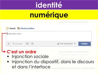 identité
numérique
Démarches administratives
et télédéclaration

activités professionnelles
et bureautique en ligne

Commerce en ligne
et fichier clients

mémoire personnelle/collective
et cloud computing

Démocratie
et vote électronique
Accès aux systèmes d’information
et cloud computing

archivage et analyse des activités
individuelles ou quantification de soi
présentation de soi
et pages personnelles, blogs, avatar

Sécurité des territoires
conversations numériques
C’est un ordre
et forums, blogs, réseaux
et (vidéo)surveillance
 Injonction sociale promotion/partage des centres
Billettique
d’intérêts et des le discours
et géolocalisation
 Injonction du dispositif, dansactivités personnelles
Dossier médical personnalisé
et dans l’interface consultation de produits multimédias
et carte Vitale

 