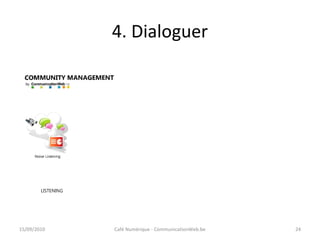 4. Dialoguer
15/09/2010 Café Numérique - CommunicationWeb.be 24
 