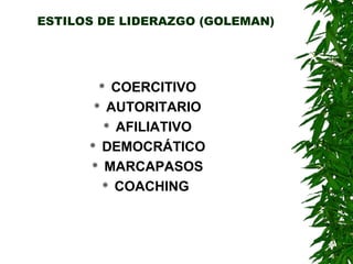 ESTILOS DE LIDERAZGO (GOLEMAN)




         COERCITIVO
        AUTORITARIO

         AFILIATIVO

       DEMOCRÁTICO

       MARCAPASOS

         COACHING
 