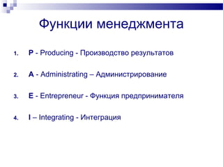 Функции менеджмента
1. P - Producing - Производство результатов
2. A - Administrating – Администрирование
3. E - Entrepreneur - Функция предпринимателя
4. I – Integrating - Интеграция
 