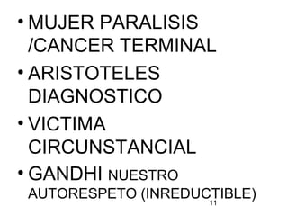 11
• MUJER PARALISIS
/CANCER TERMINAL
• ARISTOTELES
DIAGNOSTICO
• VICTIMA
CIRCUNSTANCIAL
• GANDHI NUESTRO
AUTORESPETO (INREDUCTIBLE)
 