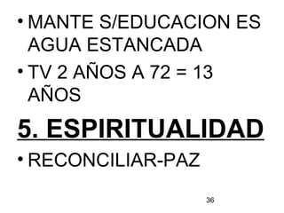 36
• MANTE S/EDUCACION ES
AGUA ESTANCADA
• TV 2 AÑOS A 72 = 13
AÑOS
5. ESPIRITUALIDAD
• RECONCILIAR-PAZ
 