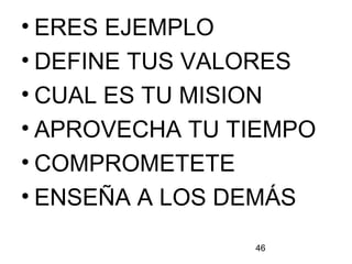 46
• ERES EJEMPLO
• DEFINE TUS VALORES
• CUAL ES TU MISION
• APROVECHA TU TIEMPO
• COMPROMETETE
• ENSEÑA A LOS DEMÁS
 