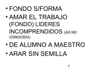 6
• FONDO S/FORMA
• AMAR EL TRABAJO
(FONDO) LIDERES
INCOMPRENDIDOS (AS NO
CONOCIDO)
• DE ALUMNO A MAESTRO
• ARAR SIN SEMILLA
 