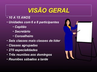 VISÃO GERAL 10 A 15 ANOS Unidades com 6 a 8 participantes Capitão Secretário Conselheiro Seis classes mais classes de líder Classes agrupadas 270 especialidades Três reuniões aos domingos Reuniões sábados a tarde Ministério Jovem - União Nordeste Brasileira 