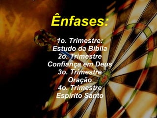 Ênfases: 1o. Trimestre: Estudo da Bíblia 2o. Trimestre Confiança em Deus 3o. Trimestre Oração 4o. Trimestre Espírito Santo 