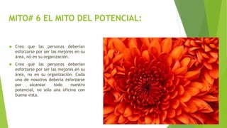 MITO# 6 EL MITO DEL POTENCIAL: 
 Creo que las personas deberían 
esforzarse por ser las mejores en su 
área, no en su organización. 
 Creo que las personas deberían 
esforzarse por ser las mejores en su 
área, no en su organización. Cada 
uno de nosotros debería esforzarse 
por alcanzar todo nuestro 
potencial, no solo una oficina con 
buena vista. 
 