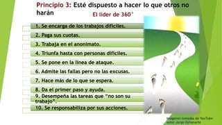 Principio 3: Esté dispuesto a hacer lo que otros no 
harán 
Imágenes tomadas de YouTube 
autor Jorge Oyhanarte 
. 
El líder de 360° 
1. Se encarga de los trabajos difíciles. 
2. Paga sus cuotas. 
3. Trabaja en el anonimato. 
4. Triunfa hasta con personas difíciles. 
5. Se pone en la línea de ataque. 
6. Admite las fallas pero no las excusas. 
7. Hace más de lo que se espera. 
8. Da el primer paso y ayuda. 
9. Desempeña las tareas que “no son su 
trabajo”. 
10. Se responsabiliza por sus acciones. 
 