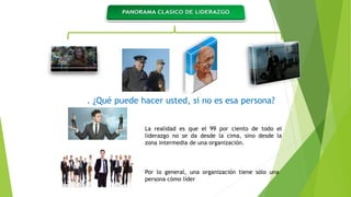 . ¿Qué puede hacer usted, si no es esa persona? 
La realidad es que el 99 por ciento de todo el 
liderazgo no se da desde la cima, sino desde la 
zona intermedia de una organización. 
Por lo general, una organización tiene sólo una 
persona cómo líder 
 
