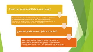 ¿ Están mis responsabilidades en riesgo? 
Cuando la alta dirección te confía alguna una tarea, tú tienes 
la responsabilidad de realizarla. Una de las debilidades 
comunes de las personas es que nos cuesta pedir ayuda. No se 
trata de ser perfecto sino de tener efectividad. 
¿puedo ayudarle a mi jefe a triunfar? 
Habrá momentos cuando usted reconozca 
oportunidades que hará que su líder triunfe. 
Cuando ese es el caso, es momento de presionar. 
 