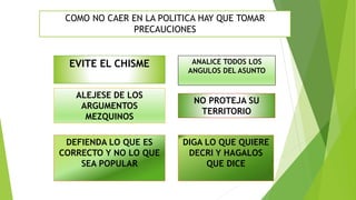 COMO NO CAER EN LA POLITICA HAY QUE TOMAR 
PRECAUCIONES 
EVITE EL CHISME 
ALEJESE DE LOS 
ARGUMENTOS 
MEZQUINOS 
DEFIENDA LO QUE ES 
CORRECTO Y NO LO QUE 
SEA POPULAR 
ANALICE TODOS LOS 
ANGULOS DEL ASUNTO 
NO PROTEJA SU 
TERRITORIO 
DIGA LO QUE QUIERE 
DECRI Y HAGALOS 
QUE DICE 
 