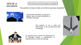 «Si estuviera en la cima, la gente me seguiría» 
“Una posición no hace al líder, es el líder el que hace la posición”. 
Usted puede concederle una posición a 
alguien, pero no puede concederle un 
verdadero liderazgo. 
Una posición le da a usted una 
oportunidad. Le da la ocasión de probar 
su liderazgo 
Las personas que no tienen una experiencia en 
el liderazgo tienden a sobreestimar la 
importancia de un título de liderazgo 
MITO DE LA 
INFLUENCIA 
 