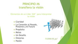 PRINCIPIO #6 
transfiera la visión 
Elementos de un Líder 360° para interpretar 
 Claridad 
 La Conexión al Pasado, 
Presente y Al Futuro 
 Propósito 
 Metas 
 Un Desafío 
 Historias 
 Pasión 
LÍDER DE 360° 
la visión 
 