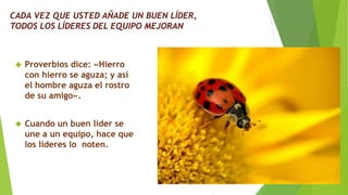 CADA VEZ QUE USTED AÑADE UN BUEN LÍDER, 
TODOS LOS LÍDERES DEL EQUIPO MEJORAN 
 Proverbios dice: «Hierro 
con hierro se aguza; y así 
el hombre aguza el rostro 
de su amigo». 
 Cuando un buen líder se 
une a un equipo, hace que 
los líderes lo noten. 
 