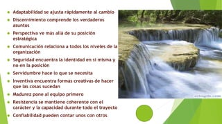  Adaptabilidad se ajusta rápidamente al cambio 
 Discernimiento comprende los verdaderos 
asuntos 
 Perspectiva ve más allá de su posición 
estratégica 
 Comunicación relaciona a todos los niveles de la 
organización 
 Seguridad encuentra la identidad en sí misma y 
no en la posición 
 Servidumbre hace lo que se necesita 
 Inventiva encuentra formas creativas de hacer 
que las cosas sucedan 
 Madurez pone al equipo primero 
 Resistencia se mantiene coherente con el 
carácter y la capacidad durante todo el trayecto 
 Confiabilidad pueden contar unos con otros 
 