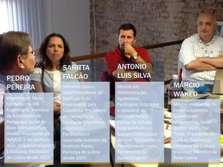 SARITTA                 ANTONIO
PEDRO                    FALCÃO                  LUIS SILVA
PEREIRA                  Administradora;         Mestre em                MÁRCIO
Engenheiro; Sócio
                         Superintendente do
                         Instituto Ação
                                                 Administração;
                                                 Agrônomo;
                                                                          WAKED
fundador da JBR          Empresarial pela        Facilitador, Educador    Mestre em Gestão do
Engenharia; membro       Cidadania; Presidente   e consultor do           Desenvolvimento
da Associação de         do Conselho da          Instituto Fonte;         Sustentável;
Pedagogia Social de      Fundação Mamíferos      Fellow da Ashoka         Matemático; Sócio
Base Antroposófica;      Aquáticos;              Empreendedores           diretor da Bio Fair
Diretor Presidente do    Facilitadora e          Sociais (1988);Autor     Trade; Presidente da
IMMOC e do Instituto     associada membro do     do livro “Utilizando o   Casa da Esperança;
Ação Empresarial pela    Instituto Fonte;        Planejamento como        Educador no Cedepe
Cidadania; Facilitador   Participa do Lidera     Ferramenta de            e Unicap; Membro da
do Lidera desde 2007.    desde 2005.             Aprendizagem” .          Rede Lidera.
 