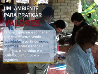 VALORES
Para se expressar e confiar em
pessoas, desenvolvendo
habilidades a partir de novas
conexões entre o líder e a
empresa, o indivíduo e o
coletivo, o intuitivo e o
cognitivo.
UM AMBIENTE
PARA PRATICAR
 