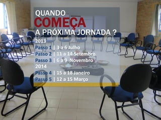 COMEÇA
QUANDO
A PRÓXIMA JORNADA ?
2013
Passo 1 | 3 a 6 Julho
Passo 2 | 11 a 14 Setembro
Passo 3 | 6 a 9 Novembro
2014
Passo 4 | 15 a 18 Janeiro
Passo 5 | 12 a 15 Março
 