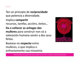 Sororidade
Políticas públicas de igualdade de oportunidades entre homes e mulleres e promoción profesional
Construír a ética da sororidade implica
establecer a ética do desenvolvemento
colectivo a partir do individual, pero tendo
presente que este concepto non implica a
incondicionalidade da fantasía materna, a
abnegación, o altruismo ou o sacrificio.
Trátase de emprender solidariedade,
recoñecemento e valor ás accións e
pensamentos das demais mulleres.
En resumo, unha solidariedade intelixente e
crítica desde unha conciencia feminista.
 