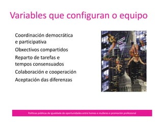 Autoestima
Políticas públicas de igualdade de oportunidades entre homes e mulleres e promoción profesional
Está relacionada co
coñecemento e co
empoderamento.
Conciencia do eu e do
mundo marcada pola
relación que temos con nós
mesmas a partir das
condicións de xénero. Katie Sandwina (Lady Hercules)
 