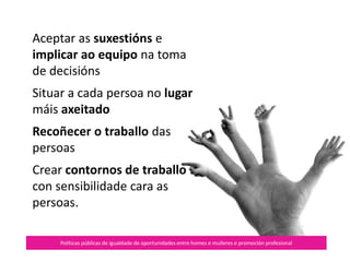 Resolución de conflitos e perspectiva
de xénero
Políticas públicas de igualdade de oportunidades entre homes e mulleres e promoción profesional
Conduta pasiva
Conduta agresiva
Conduta asertiva
 