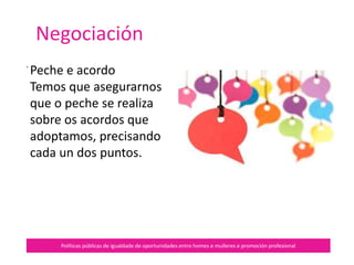 Variables que configuran o equipo
Políticas públicas de igualdade de oportunidades entre homes e mulleres e promoción profesional
Coordinación democrática
e participativa
Obxectivos compartidos
Reparto de tarefas e
tempos consensuados
Colaboración e cooperación
Aceptación das diferenzas
 