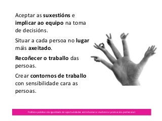 Políticas públicas de igualdade de oportunidades entre homes e mulleres e promoción profesional
Aceptar as suxestións e
implicar ao equipo na toma
de decisións.
Situar a cada persoa no lugar
máis axeitado.
Recoñecer o traballo das
persoas.
Crear contornos de traballo
con sensibilidade cara as
persoas.
 