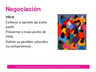 Negociación
Políticas públicas de igualdade de oportunidades entre homes e mulleres e promoción profesional
.Inicio
Coñecer a opinión da outra
parte.
Presentar o noso punto de
vista.
Definir as posibles solucións
ou compromisos.
 
