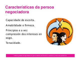 Características da persoa
negociadora
Políticas públicas de igualdade de oportunidades entre homes e mulleres e promoción profesional
.
Capacidade de escoita.
Amabilidade e firmeza.
Principios e a vez
compresión dos intereses en
xogo.
Tenacidade.
 