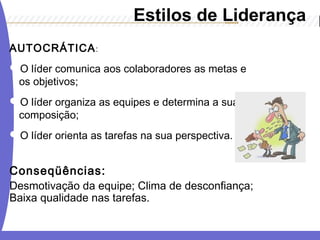 Estilos de Liderança 
AUTOCRÁTICA: 
O líder comunica aos colaboradores as metas e 
os objetivos; 
O líder organiza as equipes e determina a sua 
composição; 
O líder orienta as tarefas na sua perspectiva. 
Conseqüências: 
Desmotivação da equipe; Clima de desconfiança; 
Baixa qualidade nas tarefas. 
 