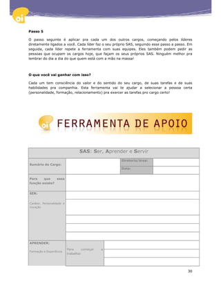 Passo 5

O passo seguinte é aplicar pra cada um dos outros cargos, começando pelos líderes
diretamente ligados a você. Cada líder faz o seu próprio SAS, seguindo esse passo a passo. Em
seguida, cada líder repete a ferramenta com suas equipes. Eles também podem pedir as
pessoas que ocupam os cargos hoje, que façam os seus próprios SAS. Ninguém melhor pra
lembrar do dia a dia do que quem está com a mão na massa!



O que você vai ganhar com isso?

Cada um tem consciência do valor e do sentido do seu cargo, de suas tarefas e de suas
habilidades pra companhia. Esta ferramenta vai te ajudar a selecionar a pessoa certa
(personalidade, formação, relacionamento) pra exercer as tarefas pro cargo certo!




                                  SAS: Ser, Aprender e Servir
                                                    Diretoria/área:
Sumário do Cargo:
                                                    Data:


Para    que    essa
função existe?


SER:


Caráter, Personalidade e
Vocação




APRENDER:

                           Para     começar   a
Formação e Experiência
                           trabalhar




                                                                                          30
 
