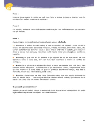 Passo 1

Pense na última situação de conflito que você viveu. Tente se lembrar de todos os detalhes: como foi,
com quem foi e qual era a natureza do problema...




Passo 2

Em seguida, lembre de como você resolveu essa situação. Liste na ferramenta o que deu certo
e o que não deu.



Passo 3

Agora, imagine como você resolveria essa situação usando a I.R.A.S.!

I - Identifique o estado do outro dentro e fora do ambiente de trabalho. Avalie se ele se
encaixa em alguma destas descrições: magoado, irritado, ressentido, emburrado, traído, etc.
Lembre-se também de identificar o que se passa fora do ambiente de trabalho, pois isso pode
deixar a pessoa mais sensível, intensificar e até mesmo iniciar uma situação de conflito no
trabalho.

R - Reconheça o que você fez ou entenda o que alguém fez pra ele ficar assim. Se você
identificou como o outro está, deve ser mais fácil reconhecer o motivo do conflito ter
começado.

A - Aceite que o que você ou alguém fez afetou o outro: se tivessem feito com você, você
também poderia não gostar... Reconhecendo o que despertou o conflito, simplesmente aceite
que isso incomodou o outro. Pode ser que não justifique determinada reação, mas, NESTE
momento, foi com essa intensidade que ELE sentiu.

S - Solucione, conversando na hora certa. Tenha em mente que nem sempre conversar na
hora é a melhor opção... Tem situações em que é melhor esfriar a cabeça pra DEPOIS trocar
ideias e ver como cada um poderia ter evitado o conflito.



O que você ganha com isso?

A resolução de um conflito e mais: o respeito de todos! Já que terá o conhecimento pra poder
objetivamente equacionar situações e solucionar conflitos!




                                                                                                  44
 
